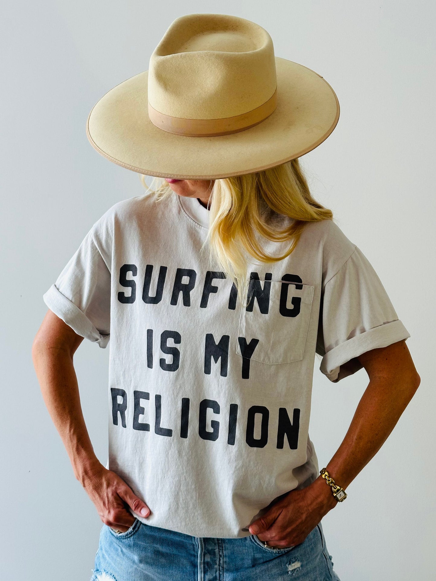 Surfing is My Religion Pocket Tee- Cement