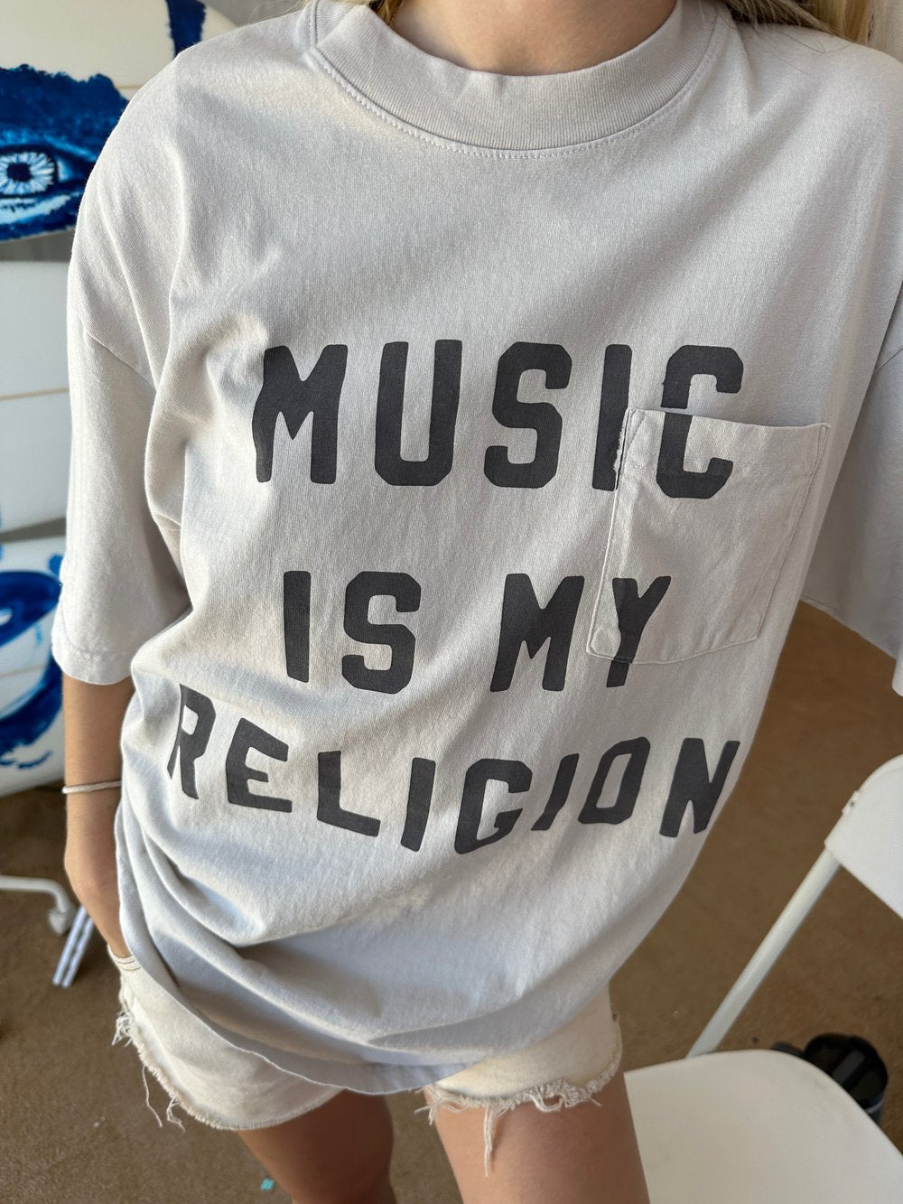 Music is My Religion Pocket Tee- Cement