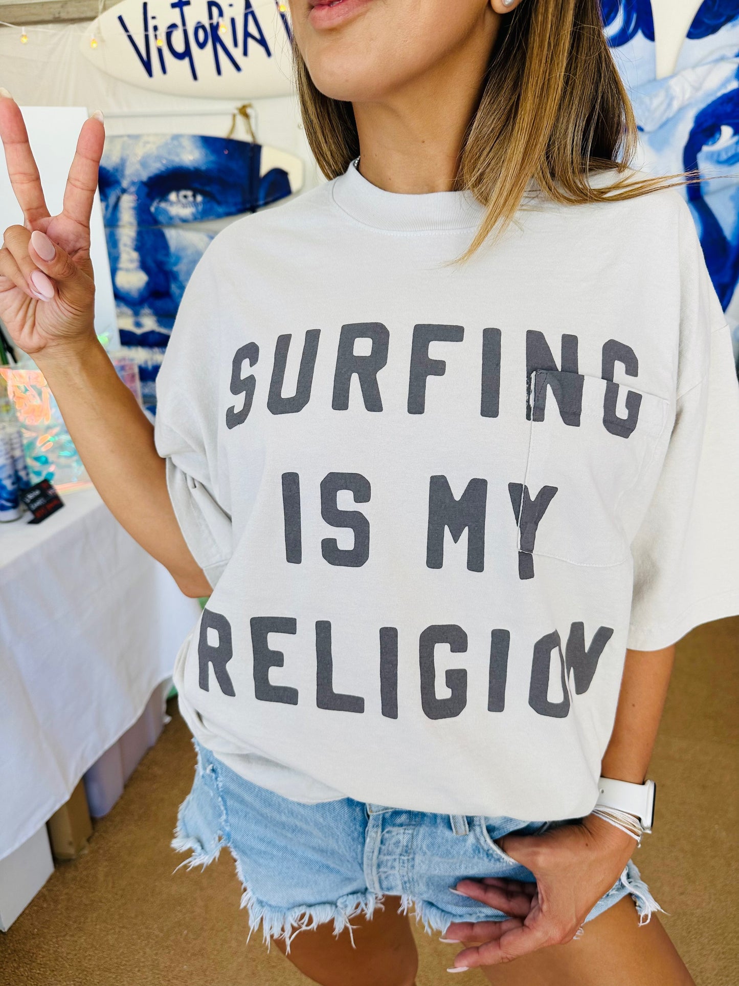Surfing is My Religion Pocket Tee- Cement