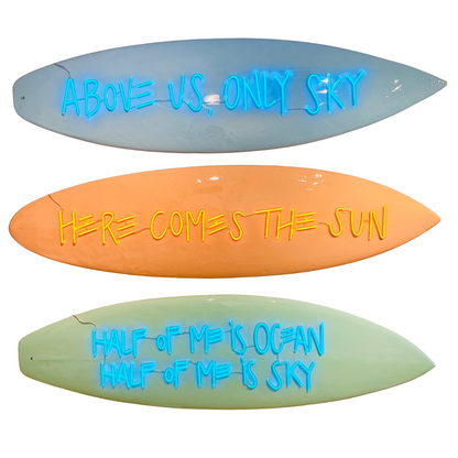 neon here comes the sun surfboard