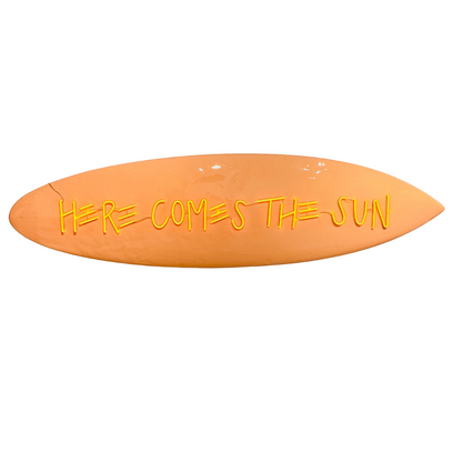 neon here comes the sun surfboard