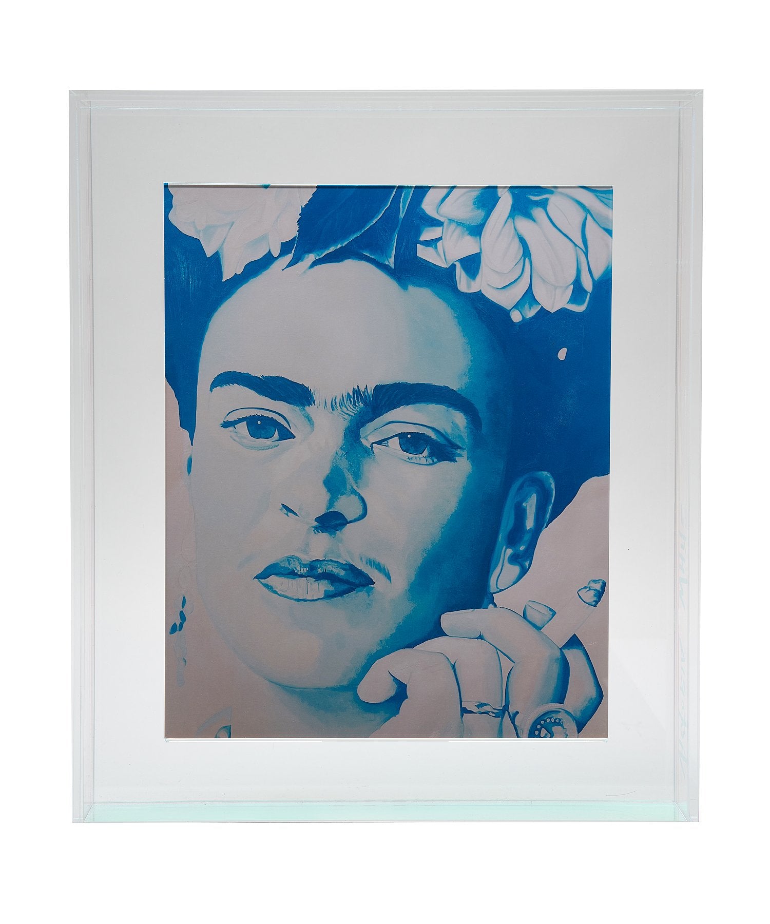 frida kahlo print in iridescent floating acrylic frame