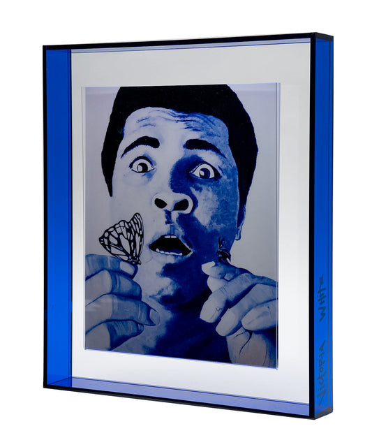 muhammad ali print in blue floating acrylic frame