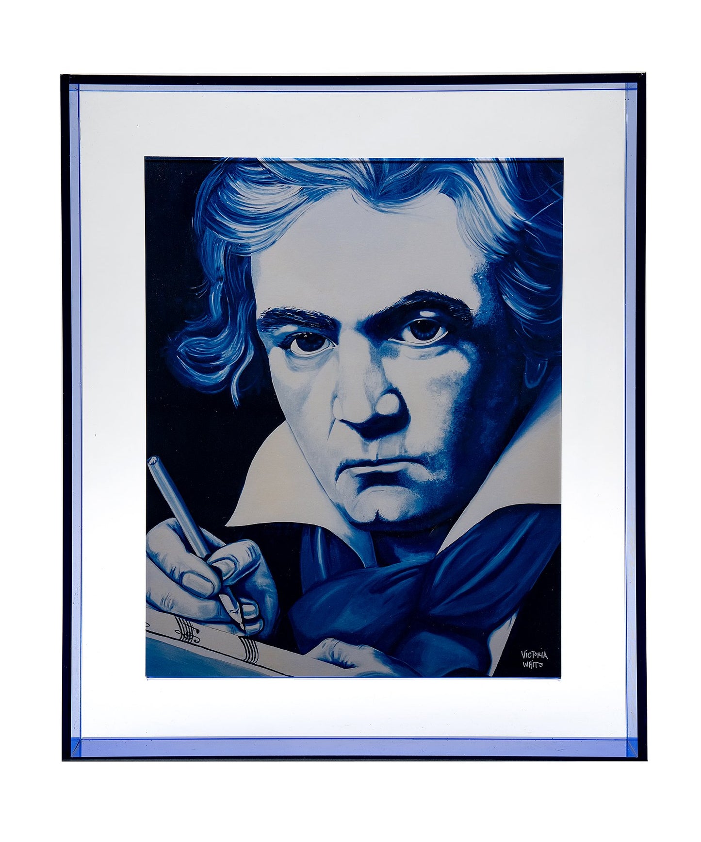 ludwig von beethoven print in blue floating acrylic frame