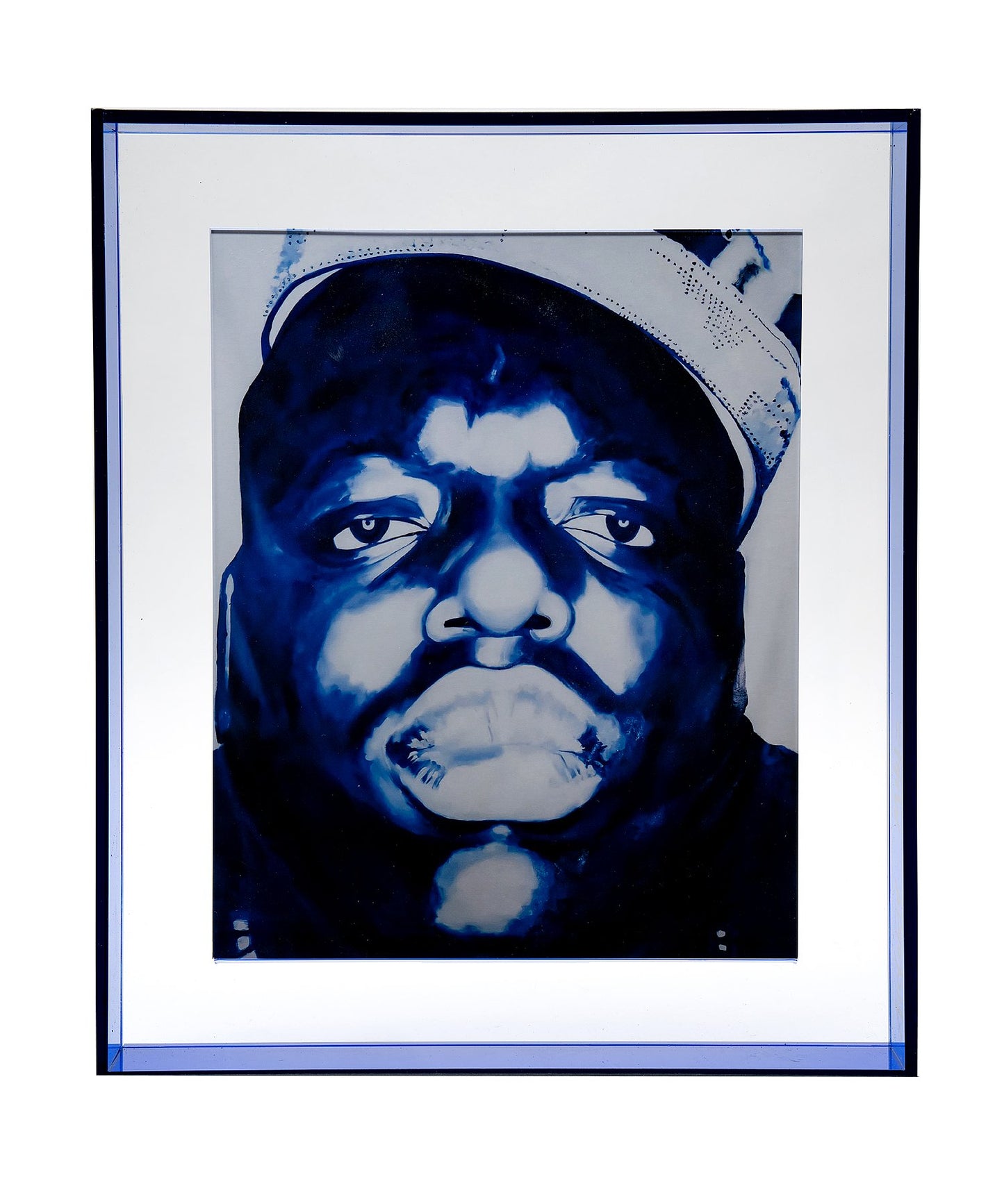 biggie smalls print in blue floating acrylic frame