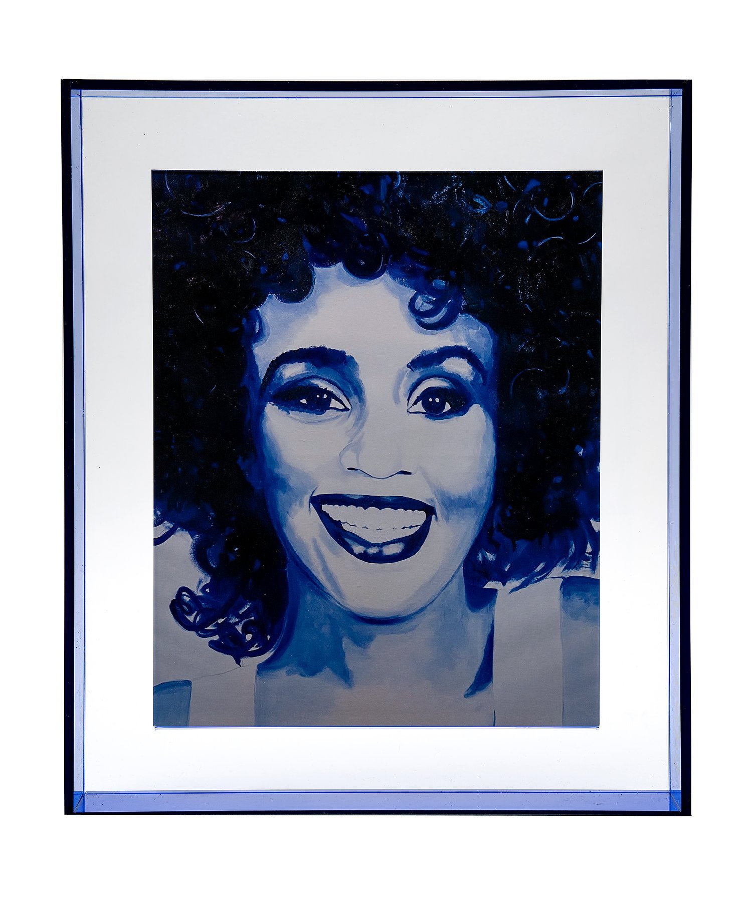 whitney houston print in blue floating acrylic frame