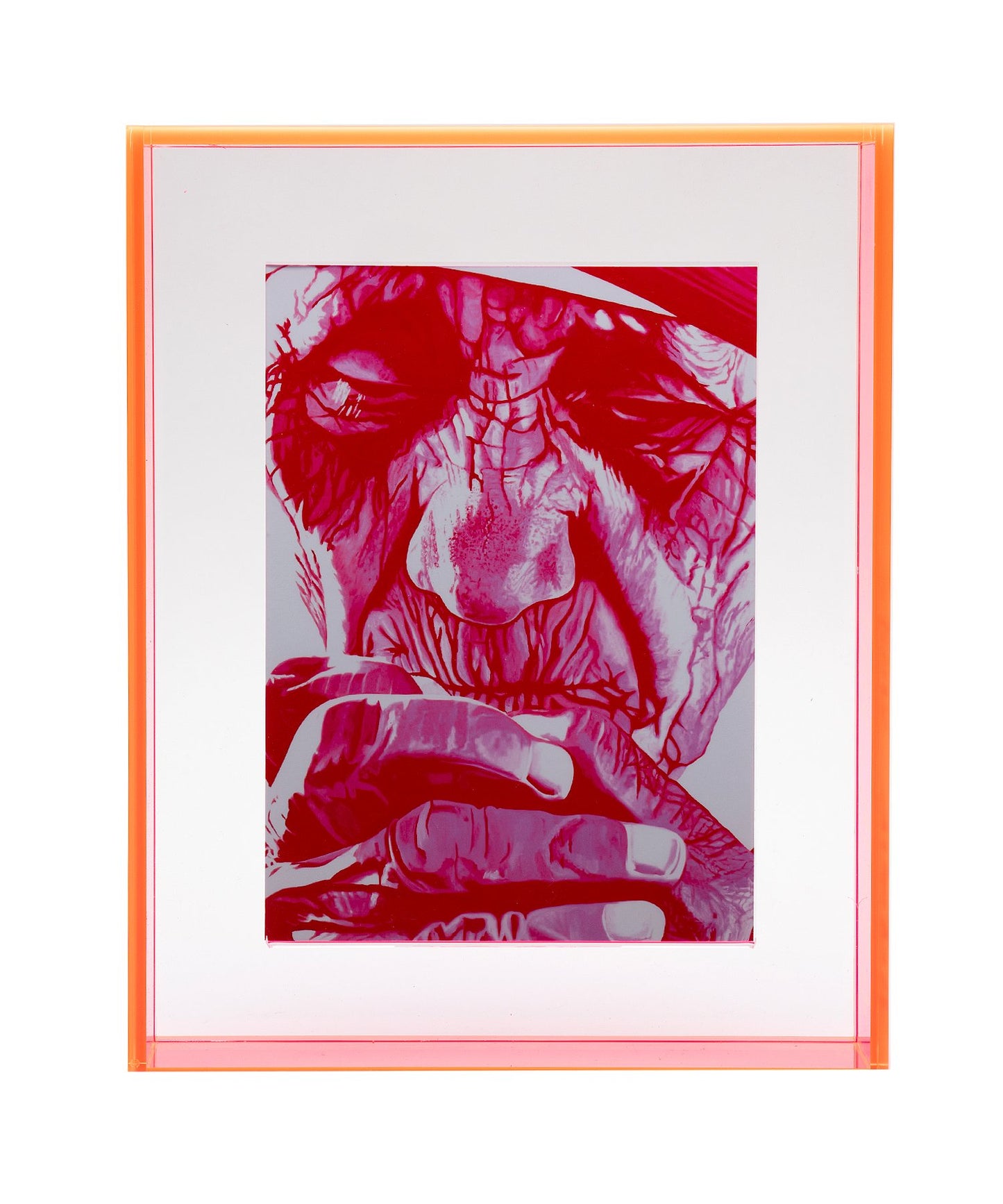 mother teresa print in neon pink floating acrylic frame