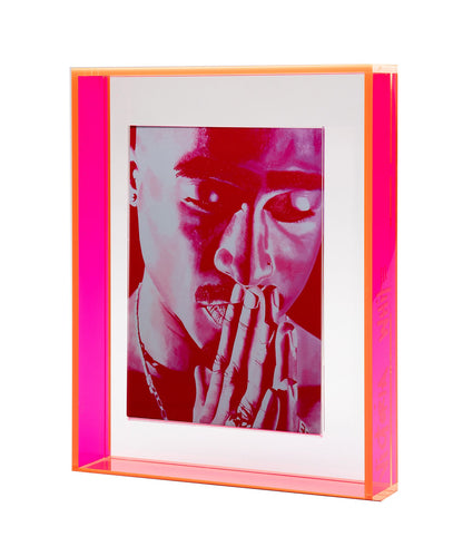 tupac shakur print in neon pink floating acrylic frame