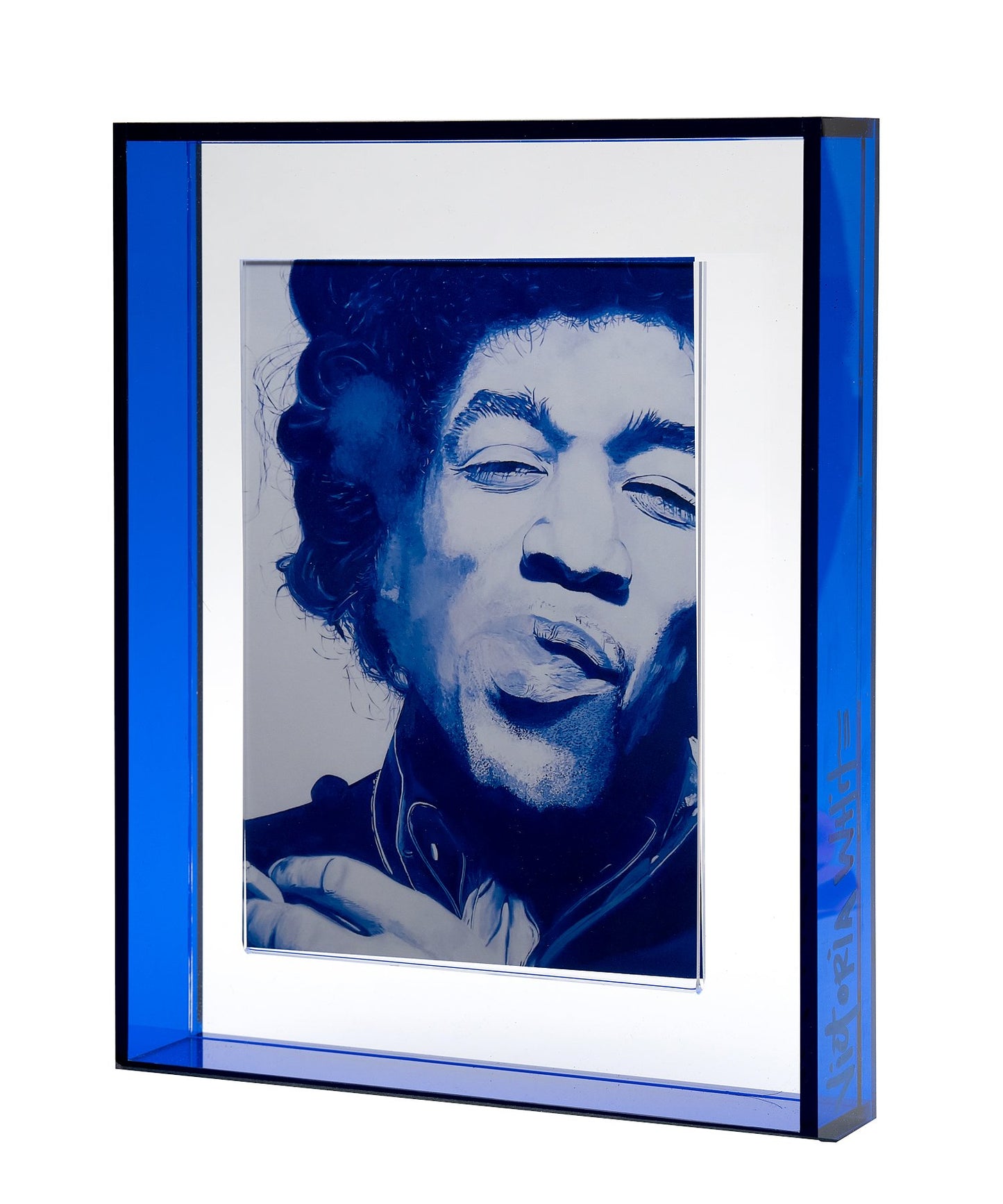 jimi hendrix print in blue floating acrylic frame