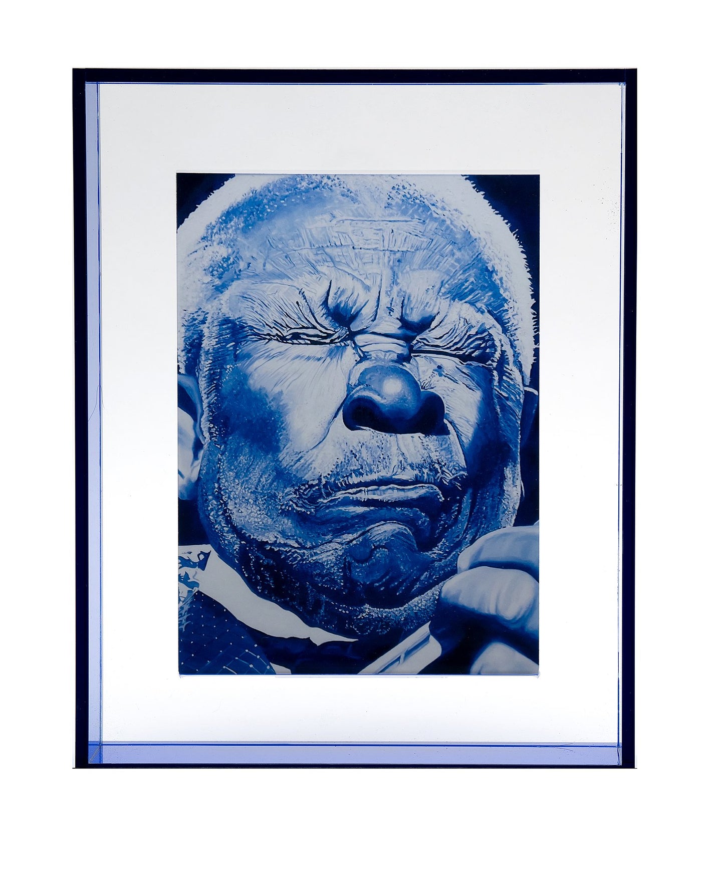bb king print in blue floating acrylic frame