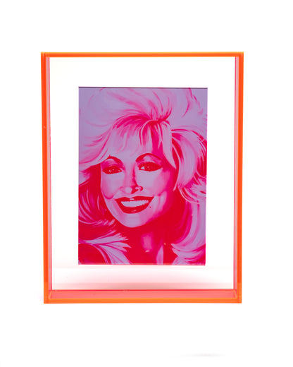 dolly parton print in neon pink floating acrylic frame