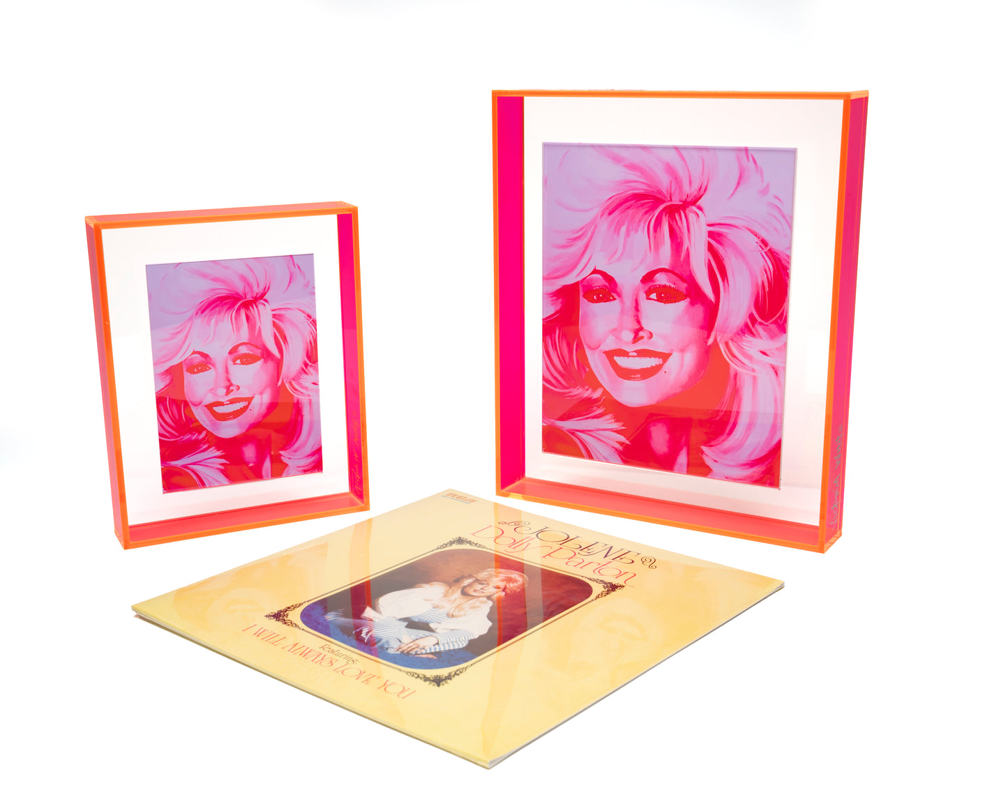 dolly parton print in neon pink floating acrylic frame