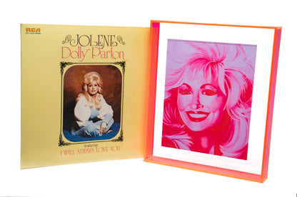 dolly parton print in neon pink floating acrylic frame