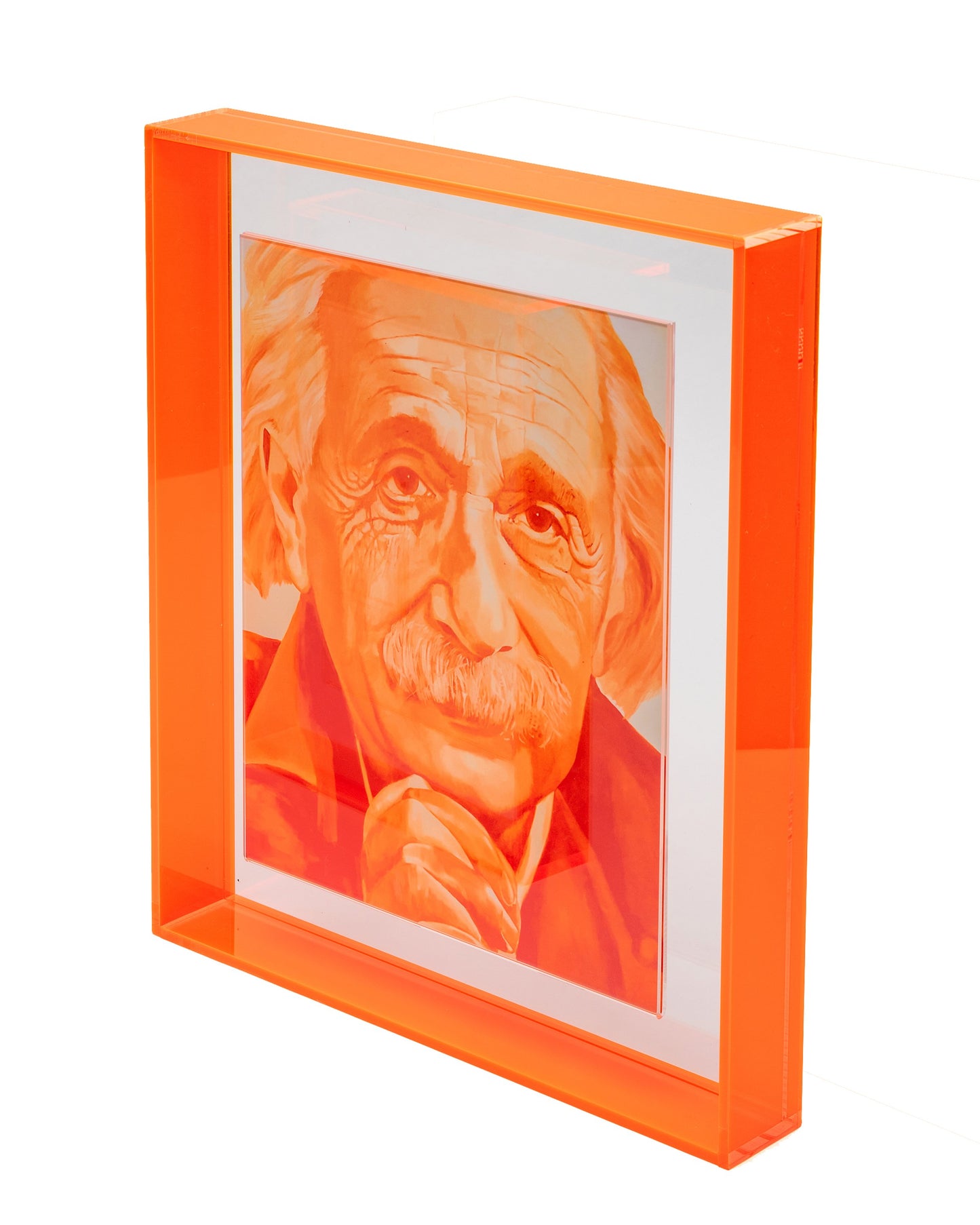 albert einstein print in neon orange floating acrylic frame