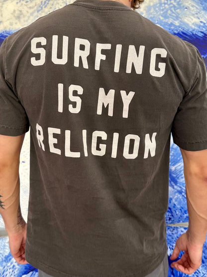 Surfing is My Religion Adult Pocket Tee- Vintage Black
