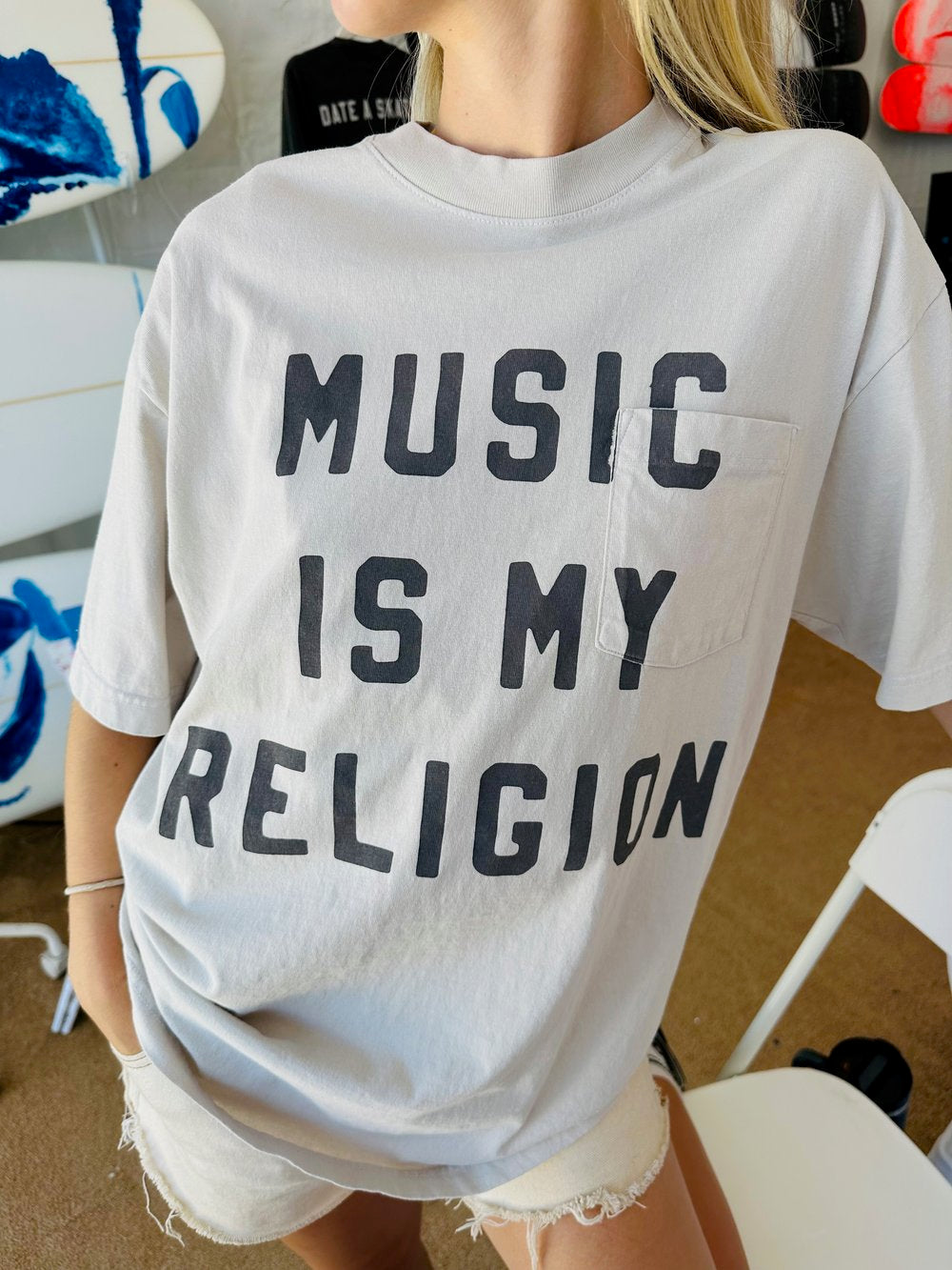 Music is My Religion Pocket Tee- Cement