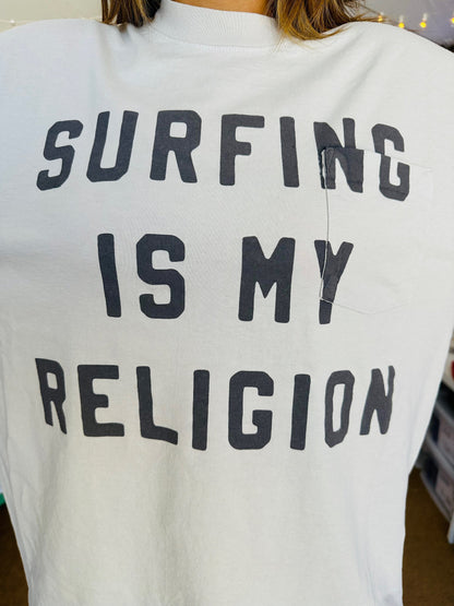 Surfing is My Religion Pocket Tee- Cement