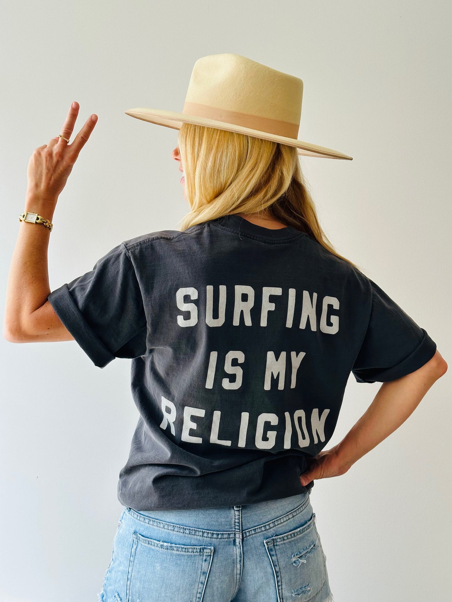 Surfing is My Religion Adult Pocket Tee- Vintage Black