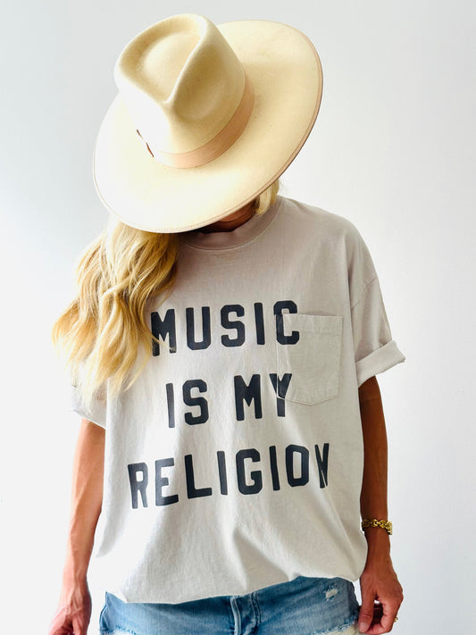 Music is My Religion Pocket Tee- Cement