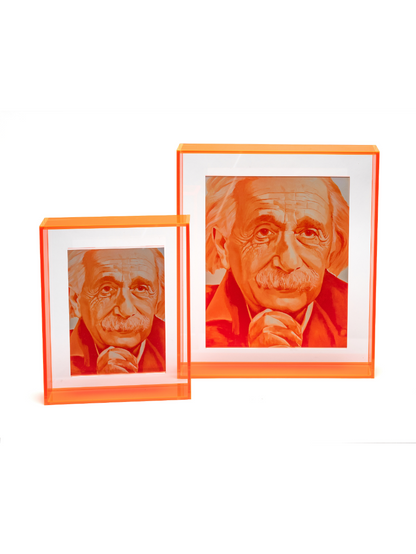 albert einstein print in neon orange floating acrylic frame