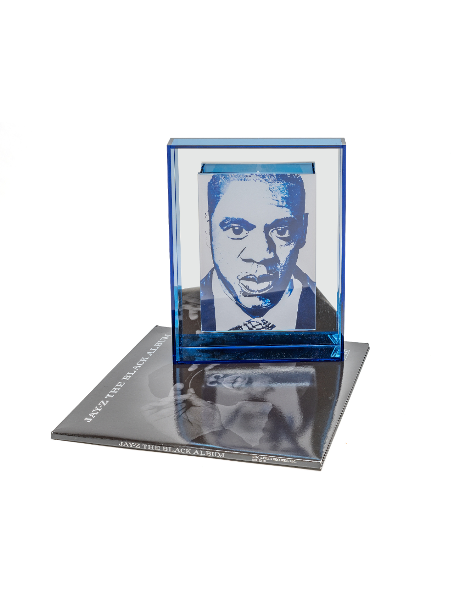 jay z print in blue floating acrylic frame